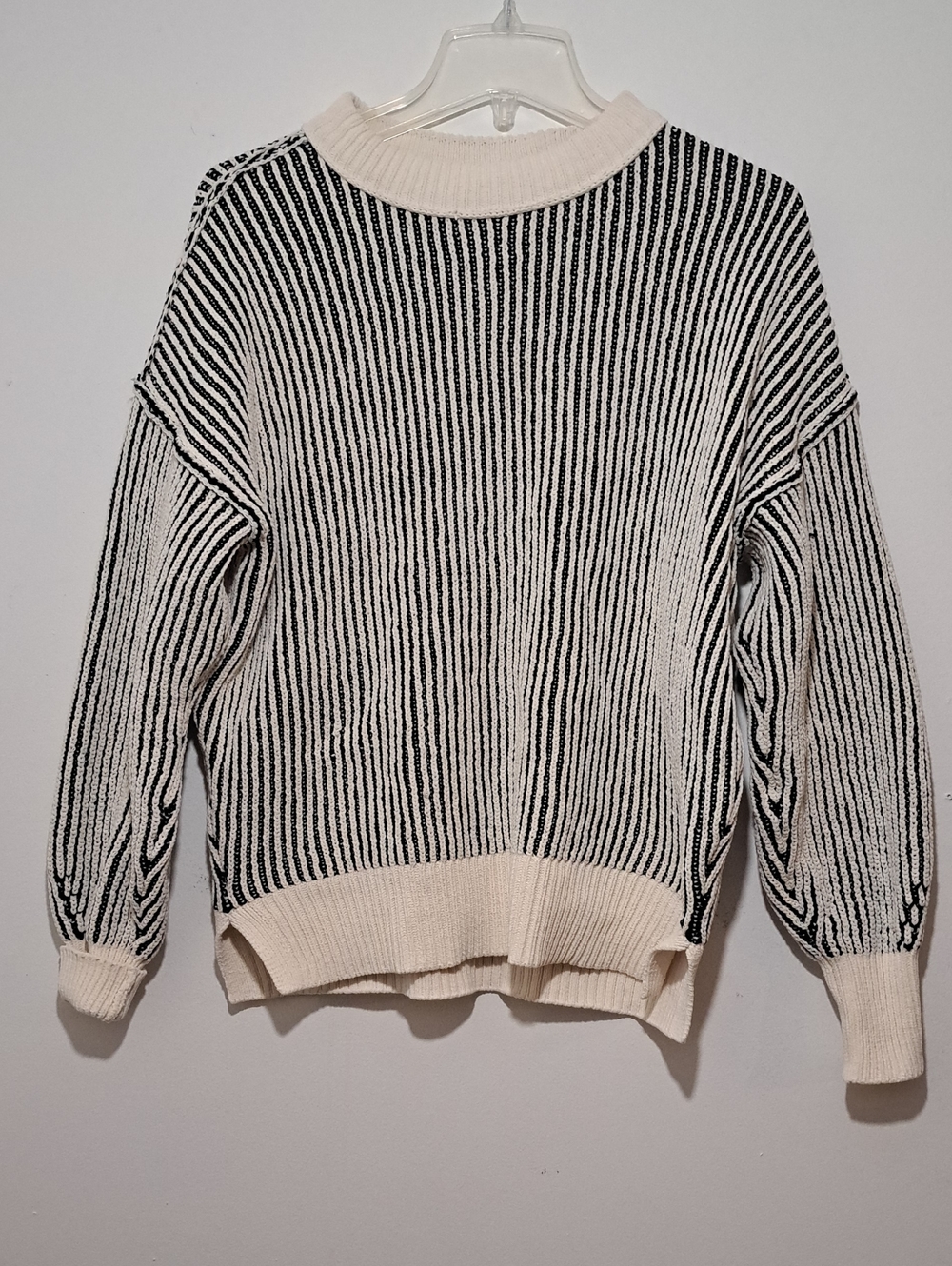 aerie Oversized Black and Cream Striped Ribbed Crewneck Sweater